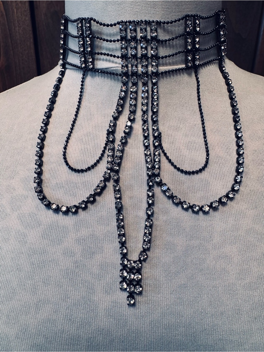 Vintage Gunmetal Crystal Draped Choker Necklace